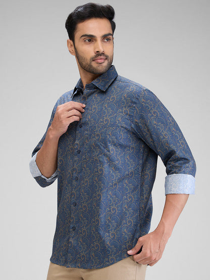Colorplus Men Blue Printed Regular Fit Full Sleeve Spread Collar Shirt