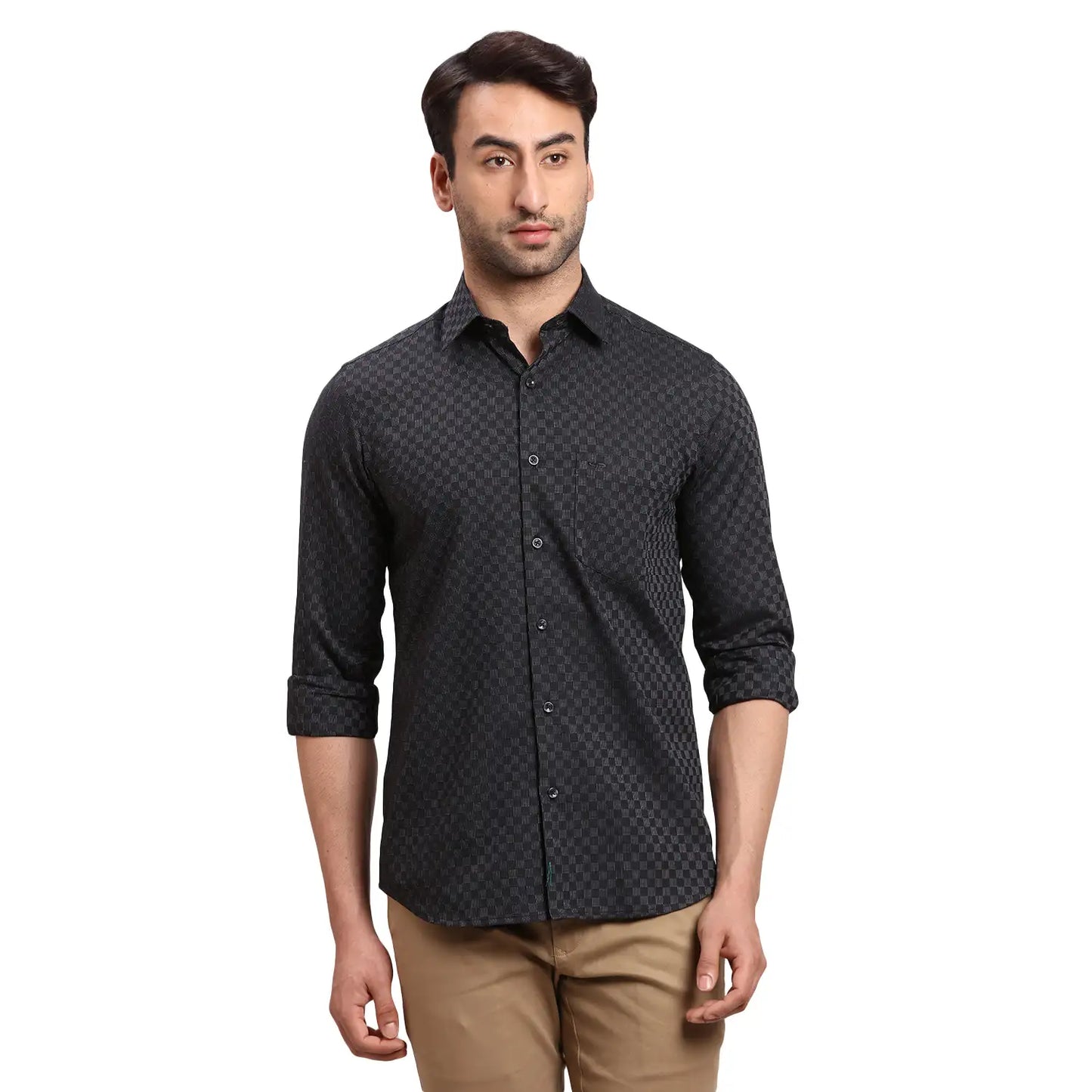 Men Black Regular Fit Dobby Cotton Full Sleeves Shirts