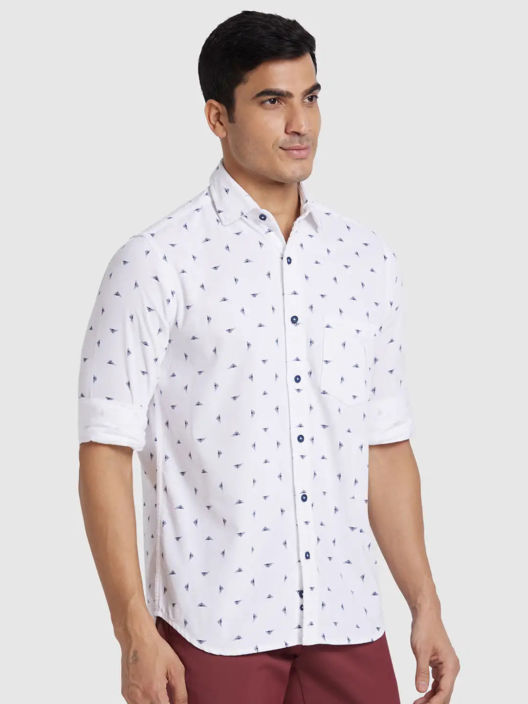 Men White Regular Fit Print  Cotton Full Sleeve  Shirts