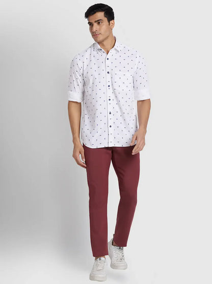 Men White Regular Fit Print  Cotton Full Sleeve  Shirts