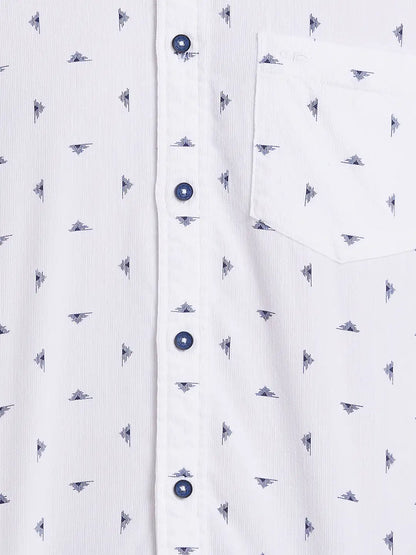 Men White Regular Fit Print  Cotton Full Sleeve  Shirts