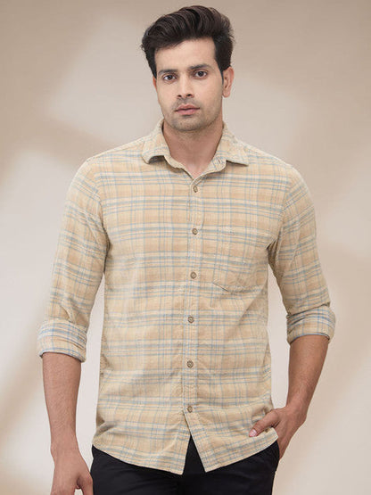Colorplus Men Brown Checks Regular Fit Cotton Corduroy Casual Shirt