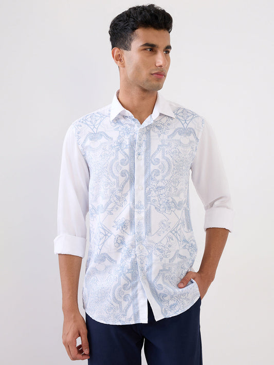 Colorplus Men Blue Printed Regular Fit Tencel Full Sleeve Casual Shirt