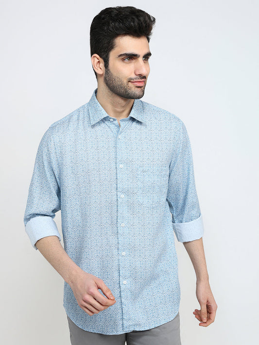 Colorplus Men Blue Printed Regular Fit Tencel Full Sleeve Casual Shirt