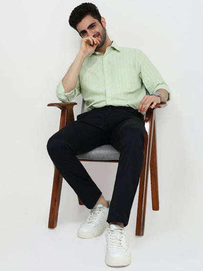 Colorplus Men Green Stripe Regular Fit Cotton Full Sleeve Casual Shirt