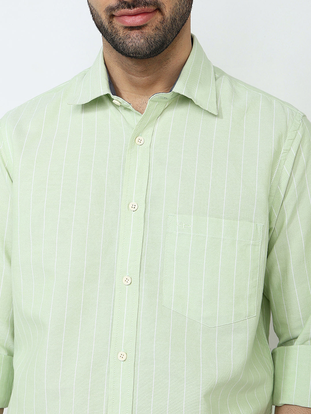 Colorplus Men Green Stripe Regular Fit Cotton Full Sleeve Casual Shirt