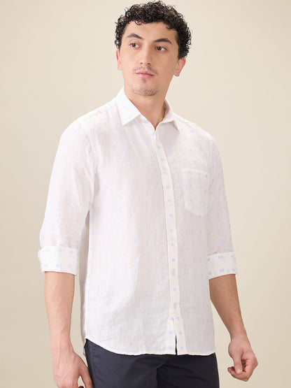 Colorplus Men White Jacquard Regular Fit Linen Blend Full Sleeve Casual Shirt