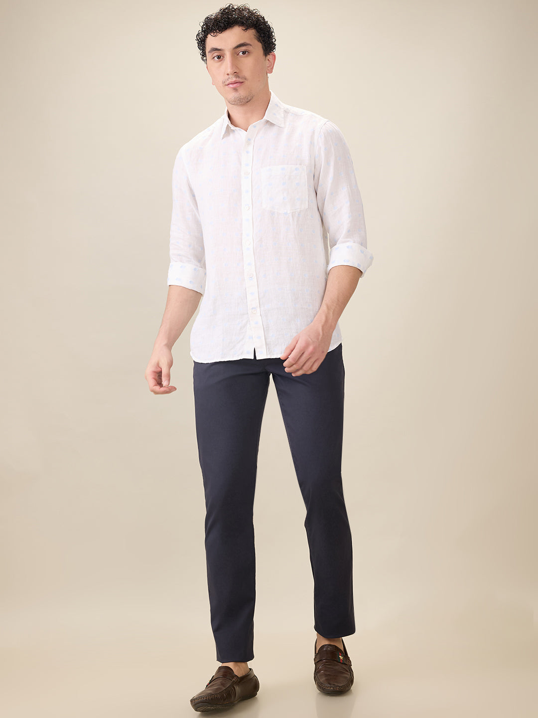 Colorplus Men White Jacquard Regular Fit Linen Blend Full Sleeve Casual Shirt