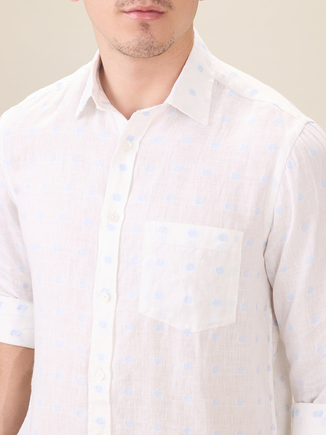 Colorplus Men White Jacquard Regular Fit Linen Blend Full Sleeve Casual Shirt