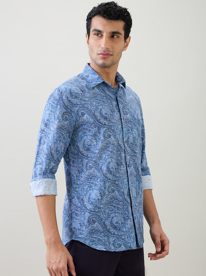 Colorplus Men Blue Printed Regular Fit Cotton Blend Full Sleeve Casual Shirt