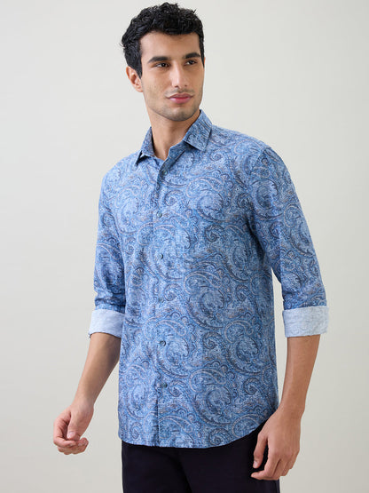 Colorplus Men Blue Printed Regular Fit Cotton Blend Full Sleeve Casual Shirt
