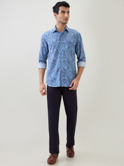 Colorplus Men Blue Printed Regular Fit Cotton Blend Full Sleeve Casual Shirt