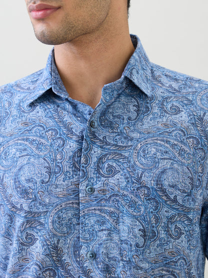 Colorplus Men Blue Printed Regular Fit Cotton Blend Full Sleeve Casual Shirt