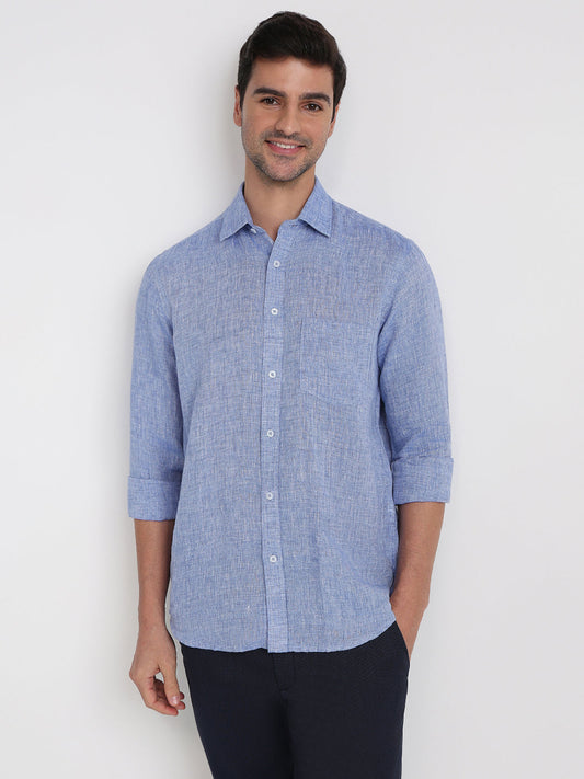Colorplus Men Blue Solid Regular Fit Linen Full Sleeve Casual Shirt