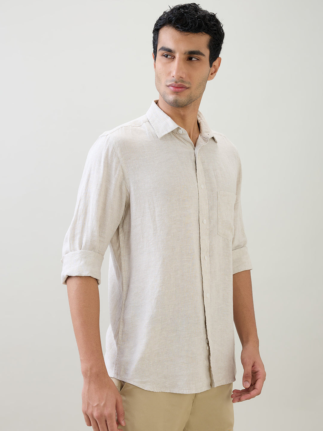 Colorplus Men Brown Solid Regular Fit Linen Full Sleeve Casual Shirt