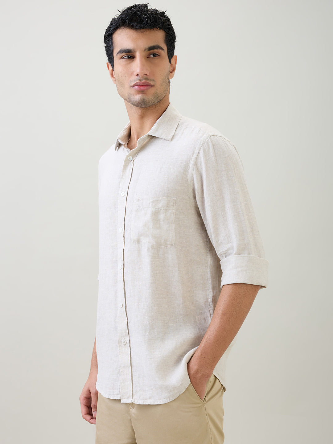 Colorplus Men Brown Solid Regular Fit Linen Full Sleeve Casual Shirt