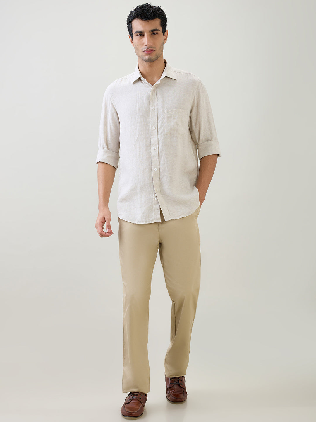 Colorplus Men Brown Solid Regular Fit Linen Full Sleeve Casual Shirt