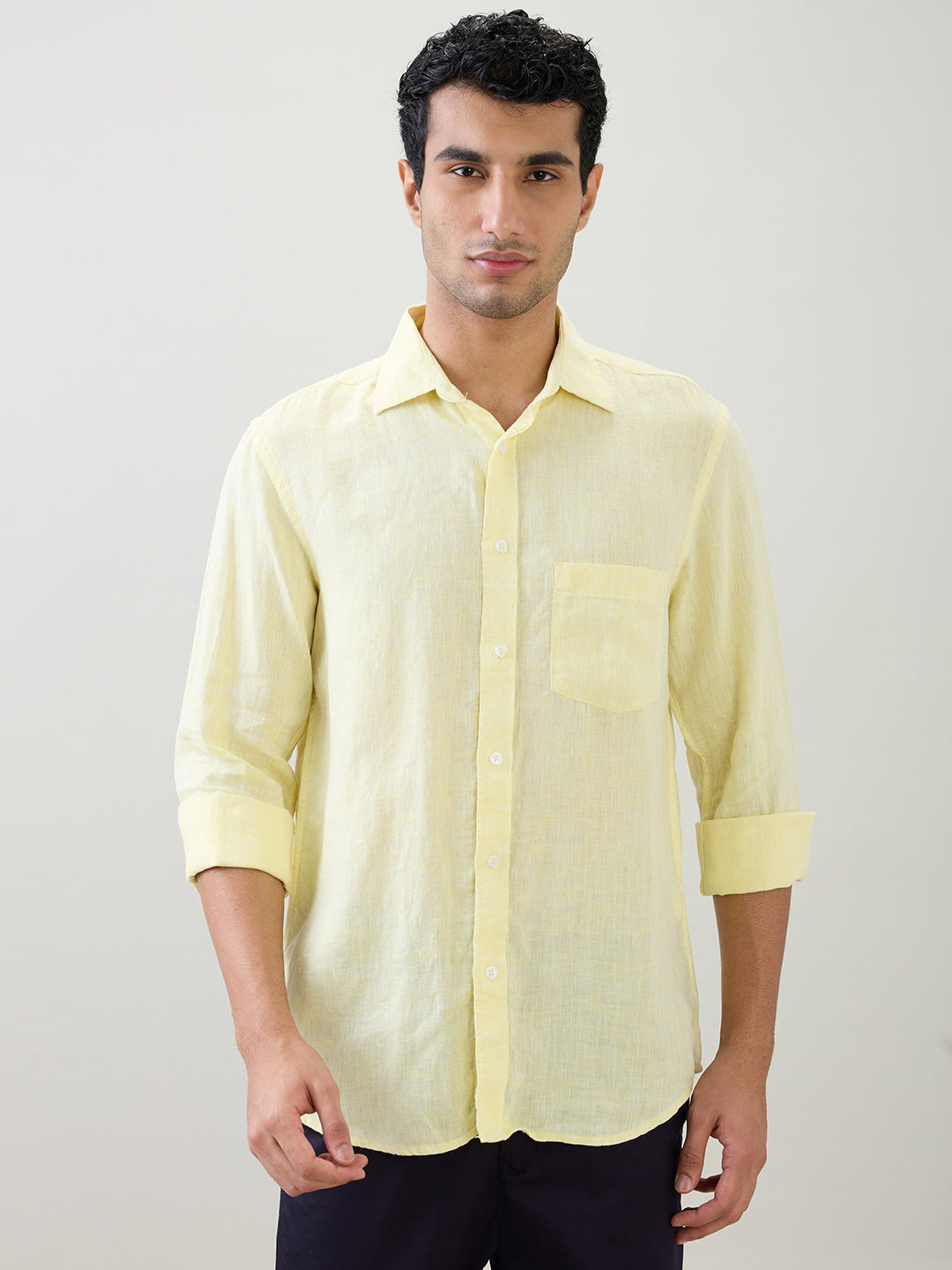Colorplus Men Yellow Solid Regular Fit Linen Full Sleeve Casual Shirt