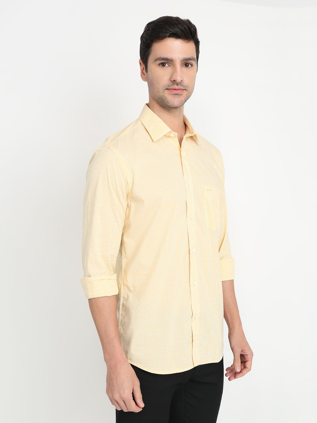 Colorplus Men Yellow Checks Regular Fit Cotton Full Sleeve Casual Shirt