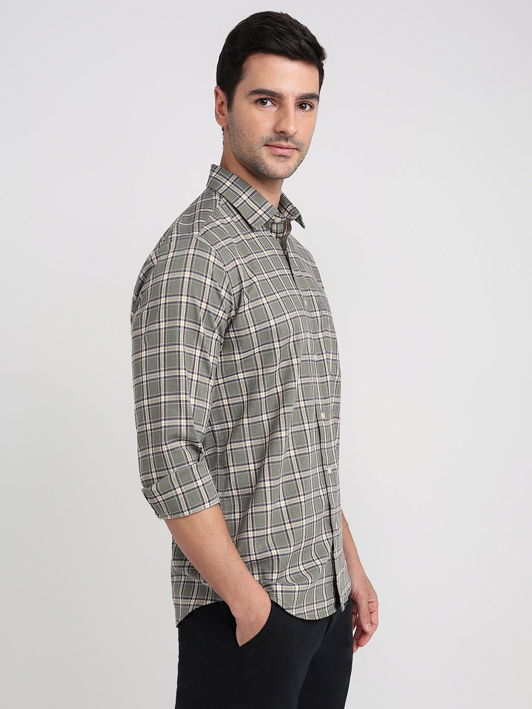Colorplus Men Green Checks Regular Fit Cotton Full Sleeve Casual Shirt