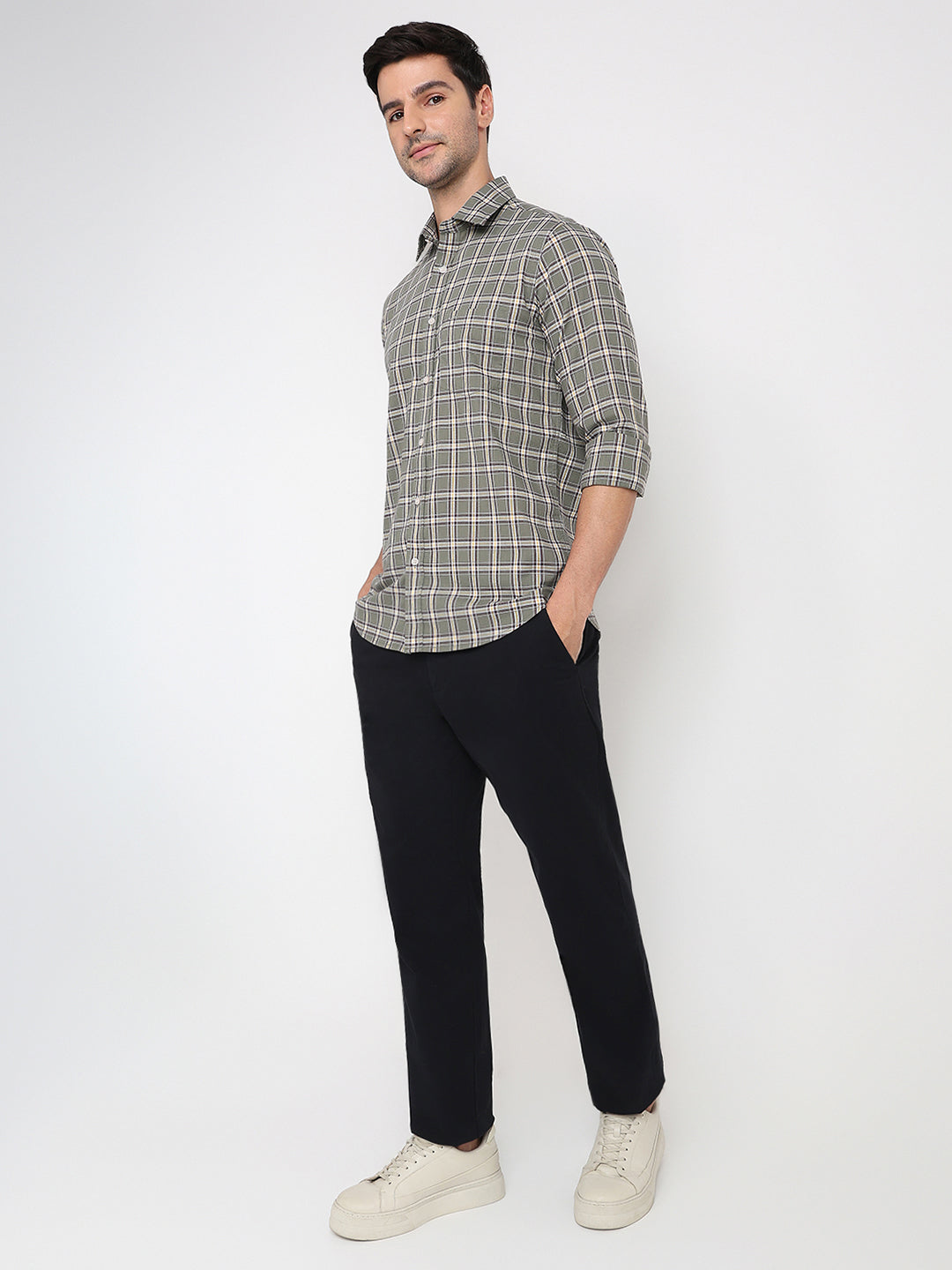 Colorplus Men Green Checks Regular Fit Cotton Full Sleeve Casual Shirt