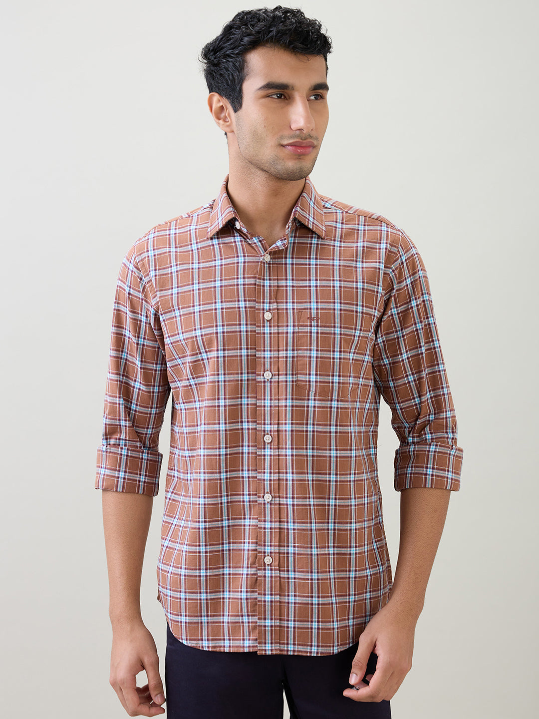Colorplus Men Brown Checks Regular Fit Cotton Full Sleeve Casual Shirt