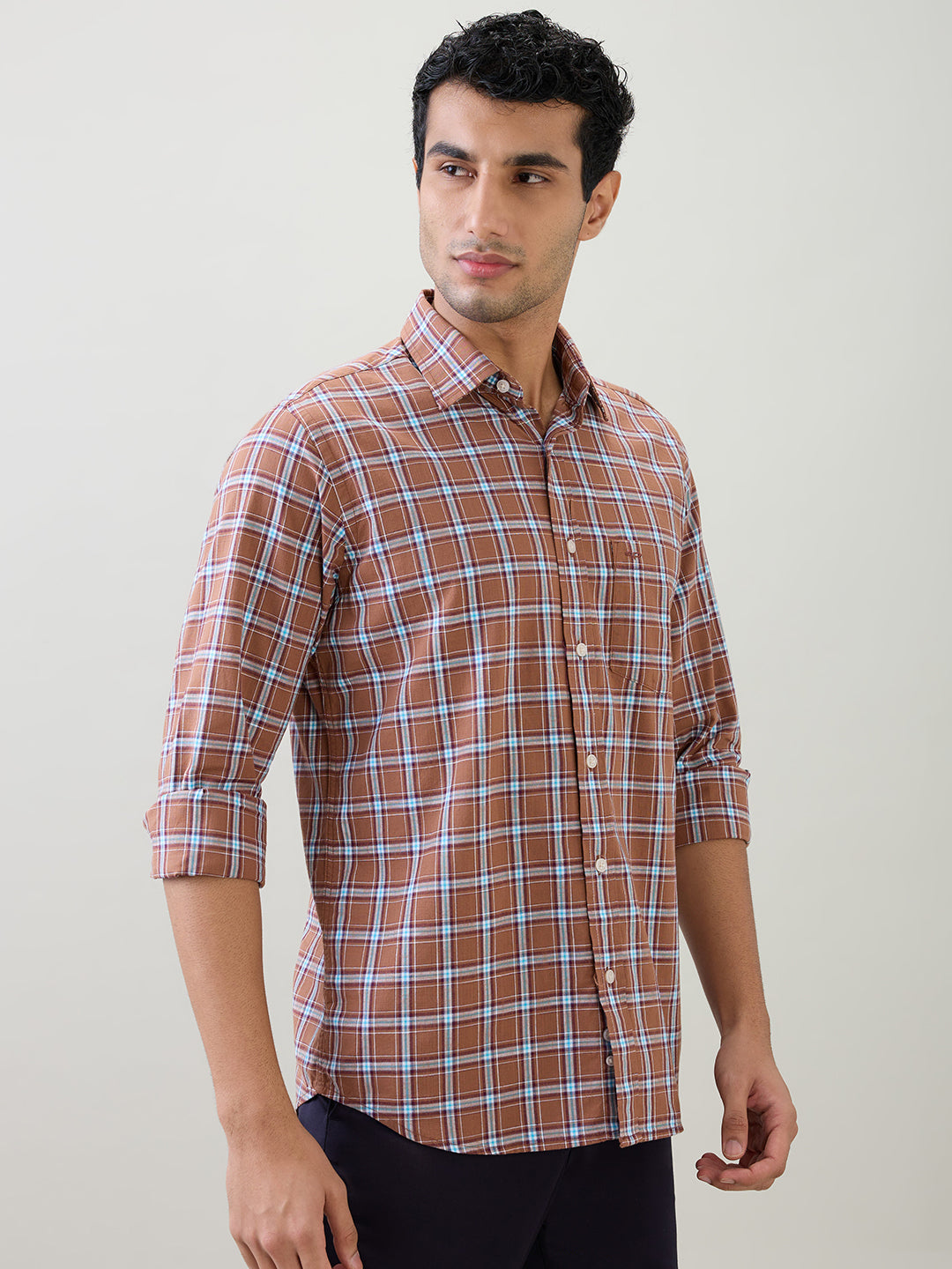 Colorplus Men Brown Checks Regular Fit Cotton Full Sleeve Casual Shirt