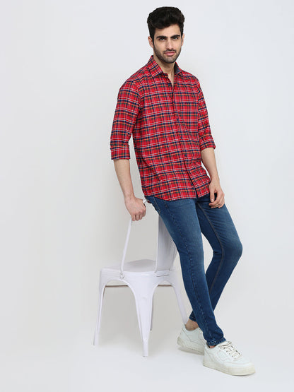 Colorplus Men Red Checks Regular Fit Cotton Full Sleeve Casual Shirt