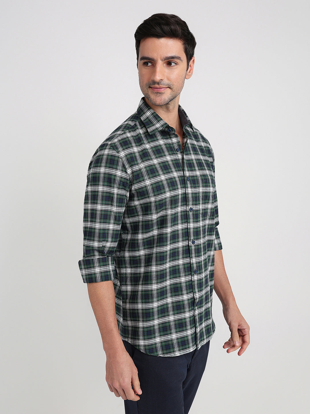 Colorplus Men Green Checks Regular Fit Cotton Full Sleeve Casual Shirt