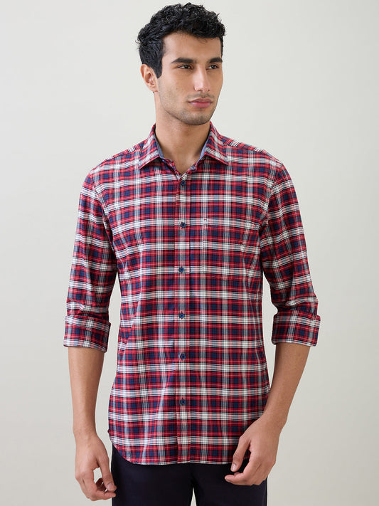 Colorplus Men Red Checks Regular Fit Cotton Full Sleeve Casual Shirt