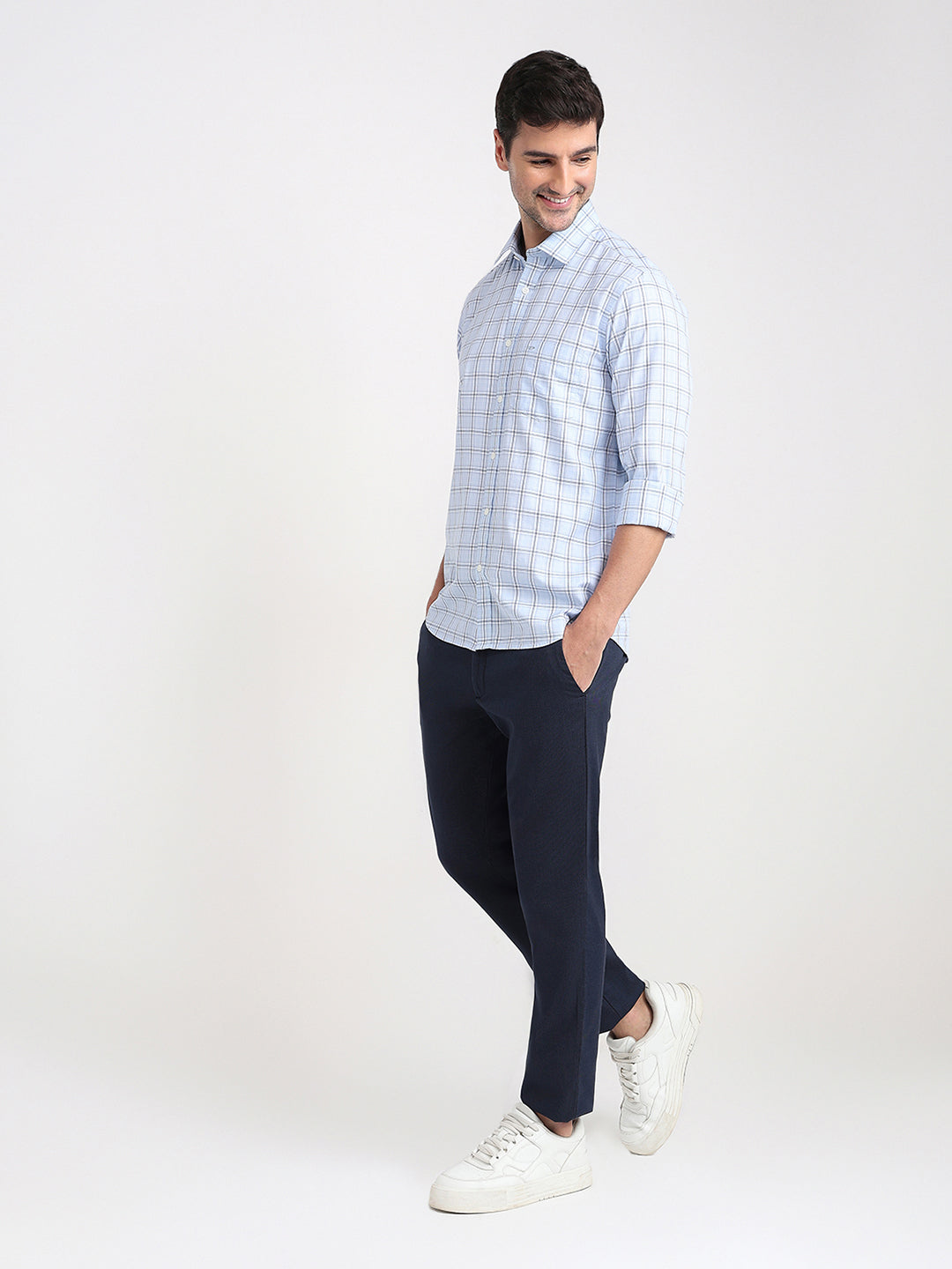 Colorplus Men Blue Checks Regular Fit Cotton Full Sleeve Casual Shirt