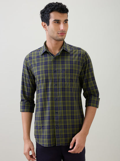 Colorplus Men Green Checks Regular Fit Cotton Full Sleeve Casual Shirt