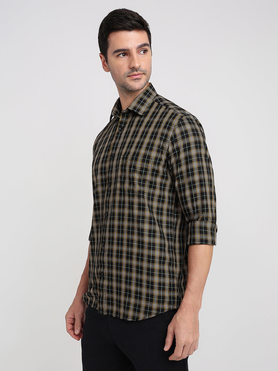 Colorplus Men Black Checks Regular Fit Cotton Full Sleeve Casual Shirt