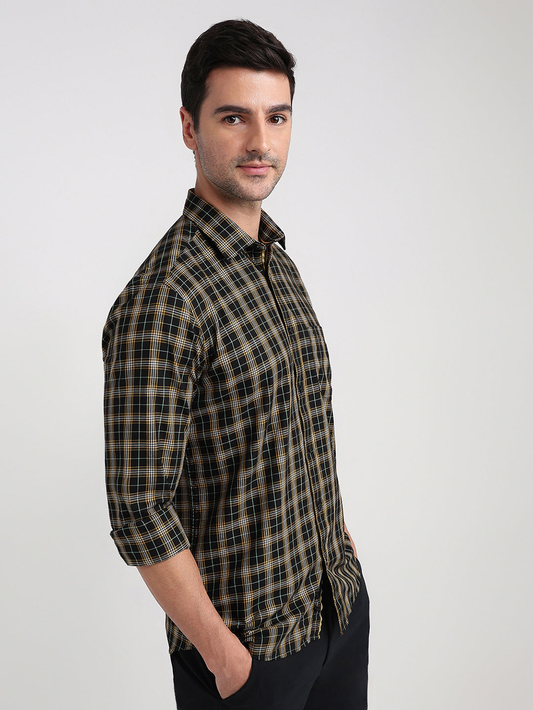 Colorplus Men Black Checks Regular Fit Cotton Full Sleeve Casual Shirt