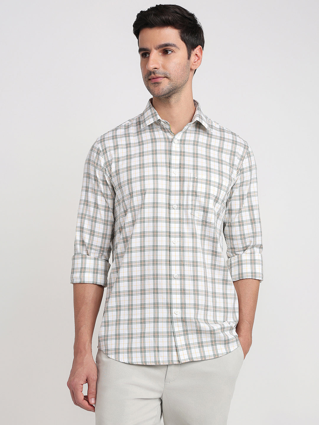 Colorplus Men White Checks Regular Fit Cotton Full Sleeve Casual Shirt