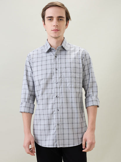 Colorplus Men Grey Checks Regular Fit Cotton Full Sleeve Casual Shirt