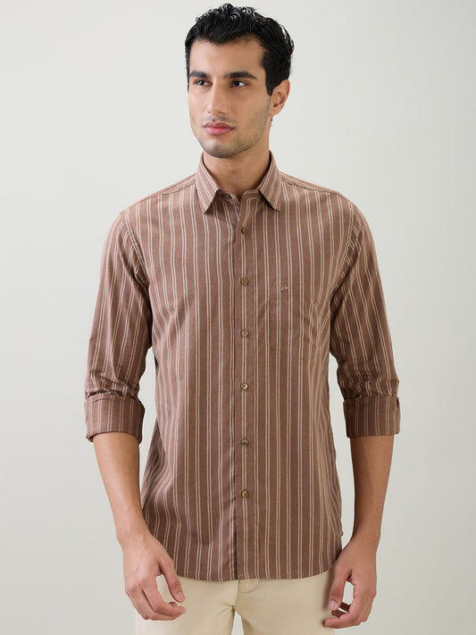 Colorplus Men Brown Stripe Regular Fit Cotton Full Sleeve Casual Shirt