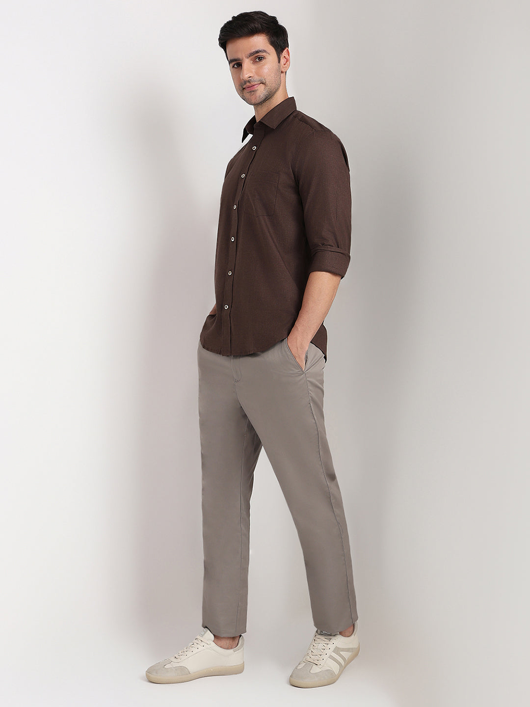 Colorplus Men Brown Solid Regular Fit Cotton Full Sleeve Casual Shirt