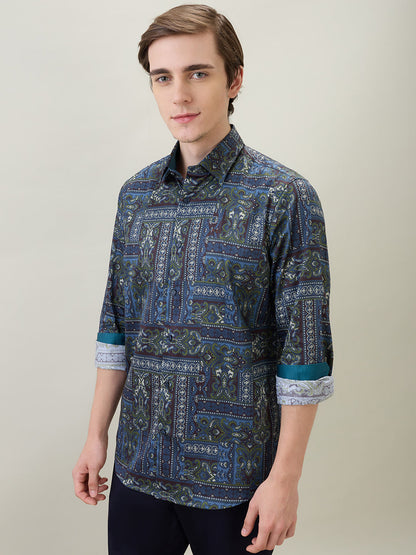 Colorplus Men Blue Printed Regular Fit Cotton Full Sleeve Casual Shirt