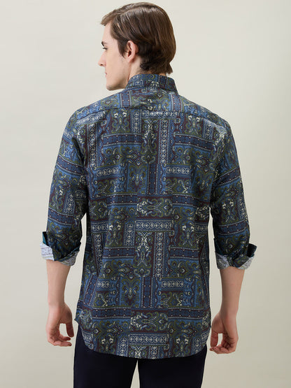Colorplus Men Blue Printed Regular Fit Cotton Full Sleeve Casual Shirt