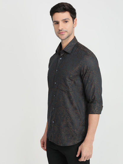 Colorplus Men Green Jacquard Regular Fit Cotton Full Sleeve Casual Shirt