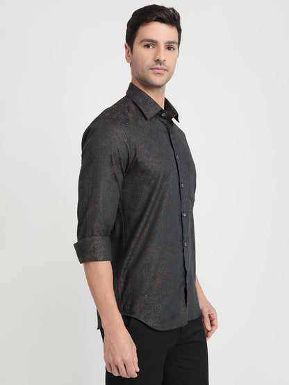 Colorplus Men Green Jacquard Regular Fit Cotton Full Sleeve Casual Shirt