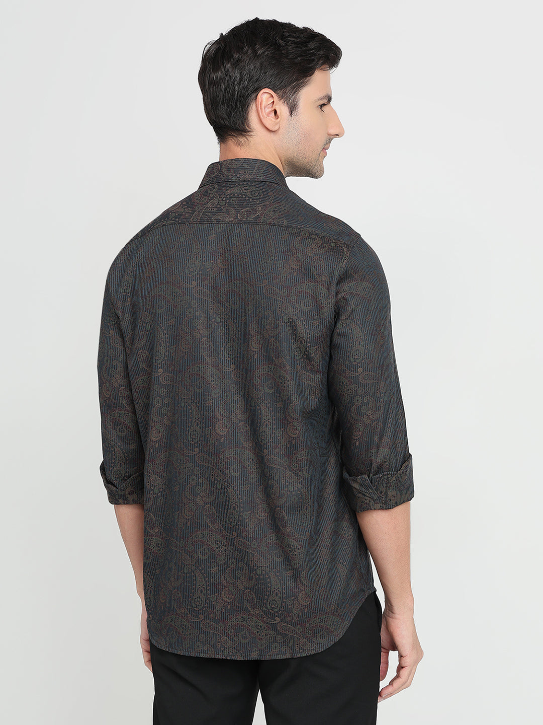 Colorplus Men Green Jacquard Regular Fit Cotton Full Sleeve Casual Shirt