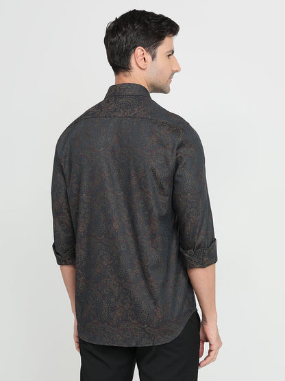 Colorplus Men Green Jacquard Regular Fit Cotton Full Sleeve Casual Shirt