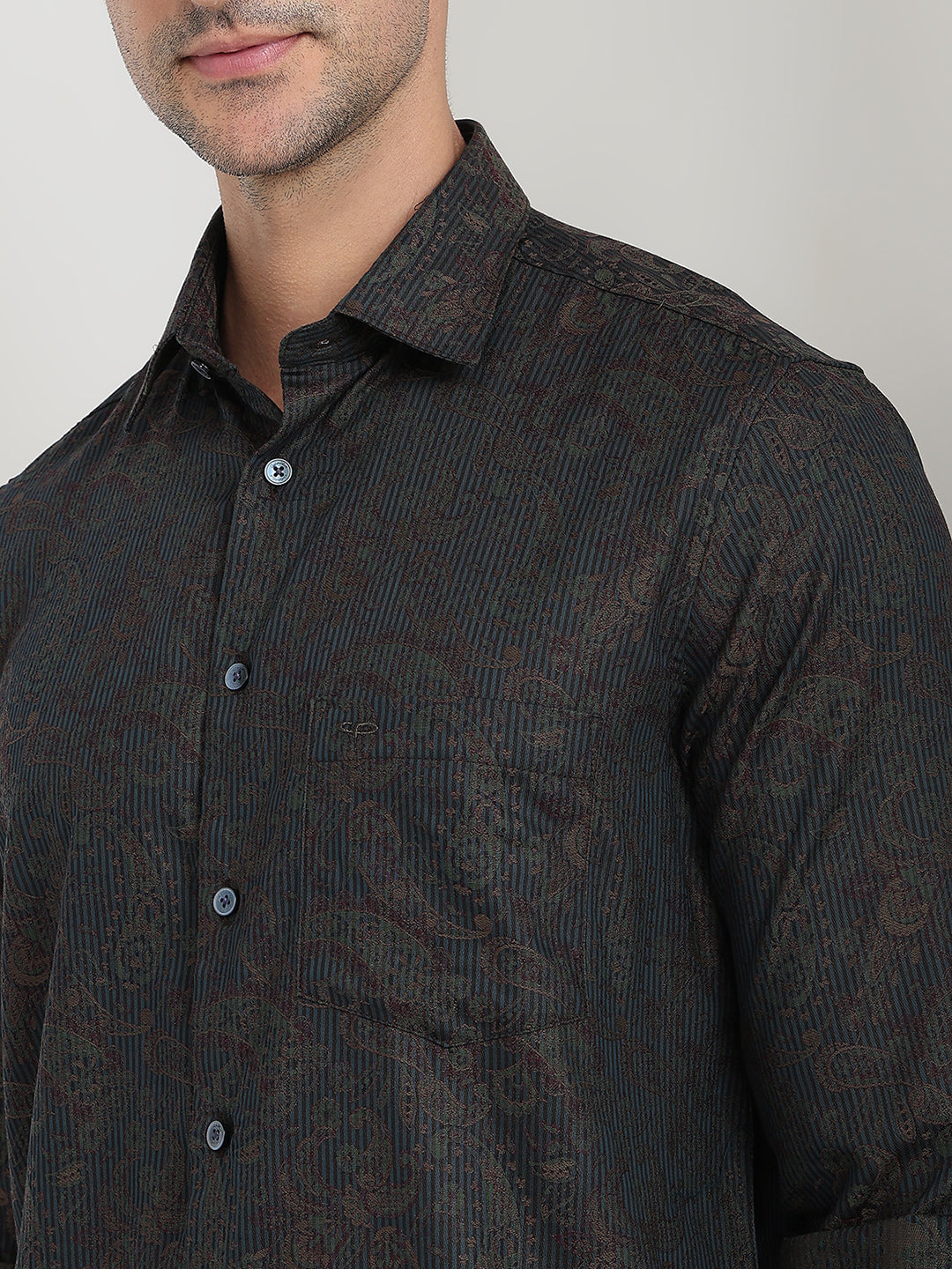 Colorplus Men Green Jacquard Regular Fit Cotton Full Sleeve Casual Shirt