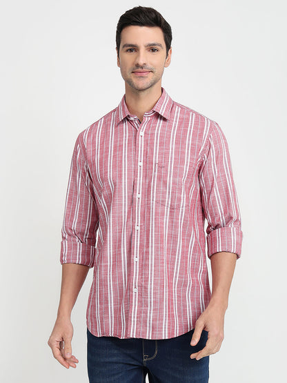 Colorplus Men Red Stripe Regular Fit Cotton Full Sleeve Casual Shirt