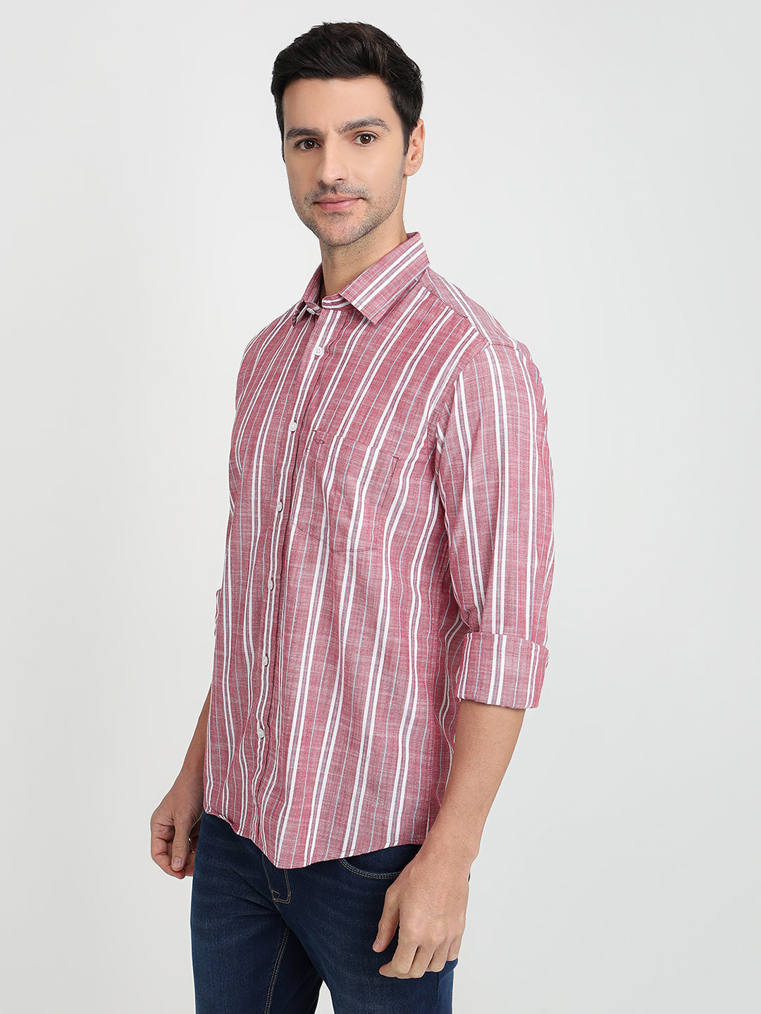 Colorplus Men Red Stripe Regular Fit Cotton Full Sleeve Casual Shirt