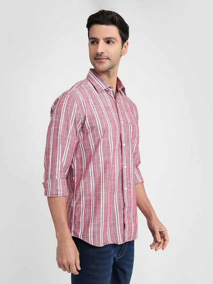 Colorplus Men Red Stripe Regular Fit Cotton Full Sleeve Casual Shirt