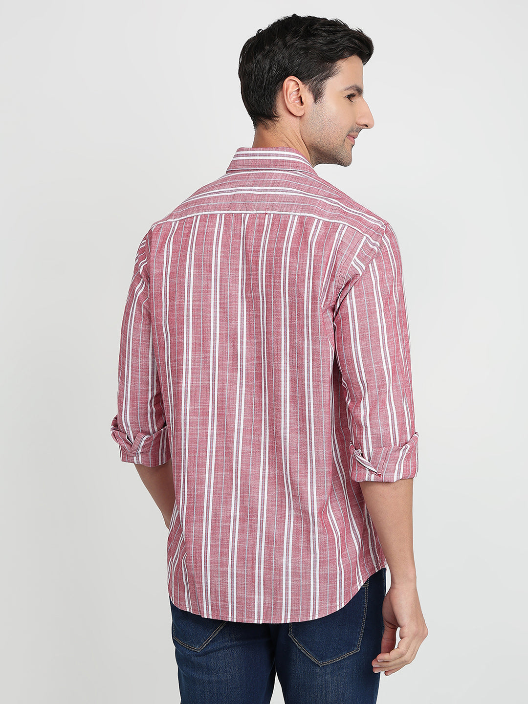 Colorplus Men Red Stripe Regular Fit Cotton Full Sleeve Casual Shirt