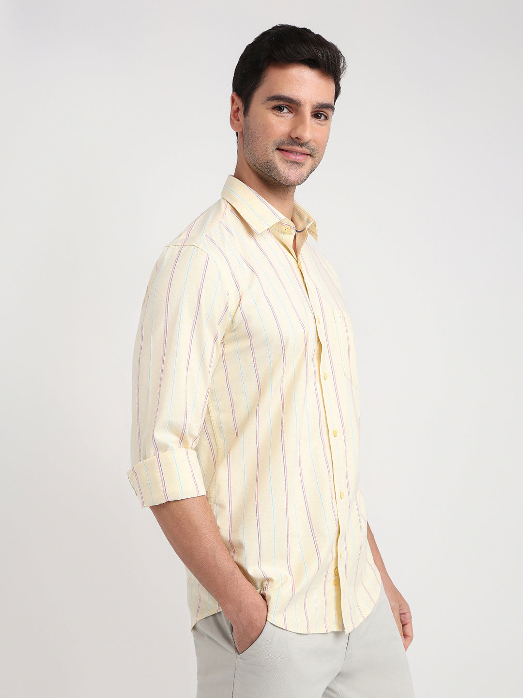 Colorplus Men Yellow Stripe Regular Fit Cotton Blend Full Sleeve Casual Shirt